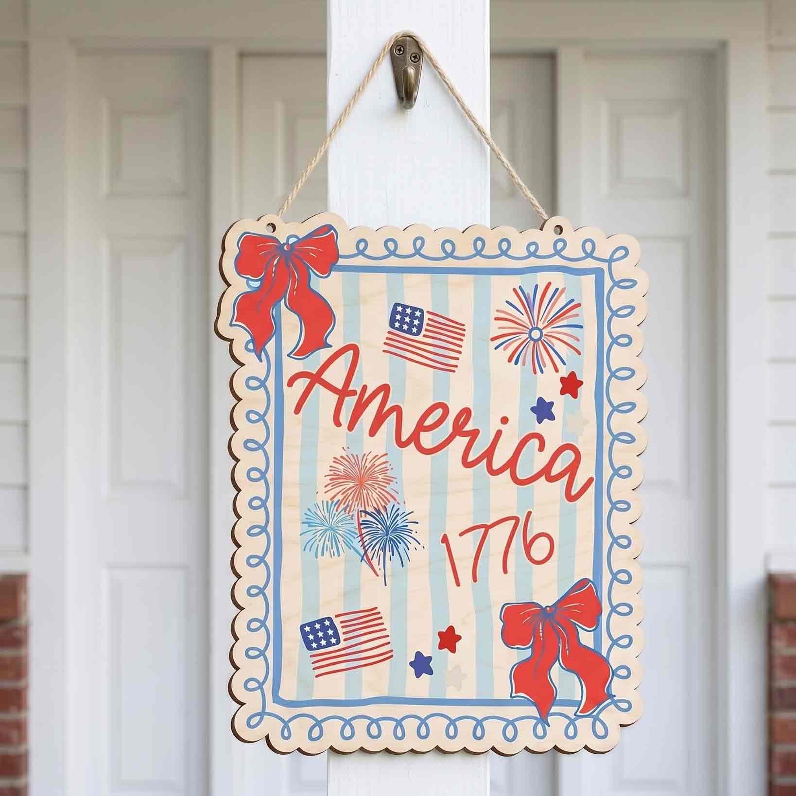 America 1776 Coquette Bow Patriotic America 250th Anniversary Wooden Sign