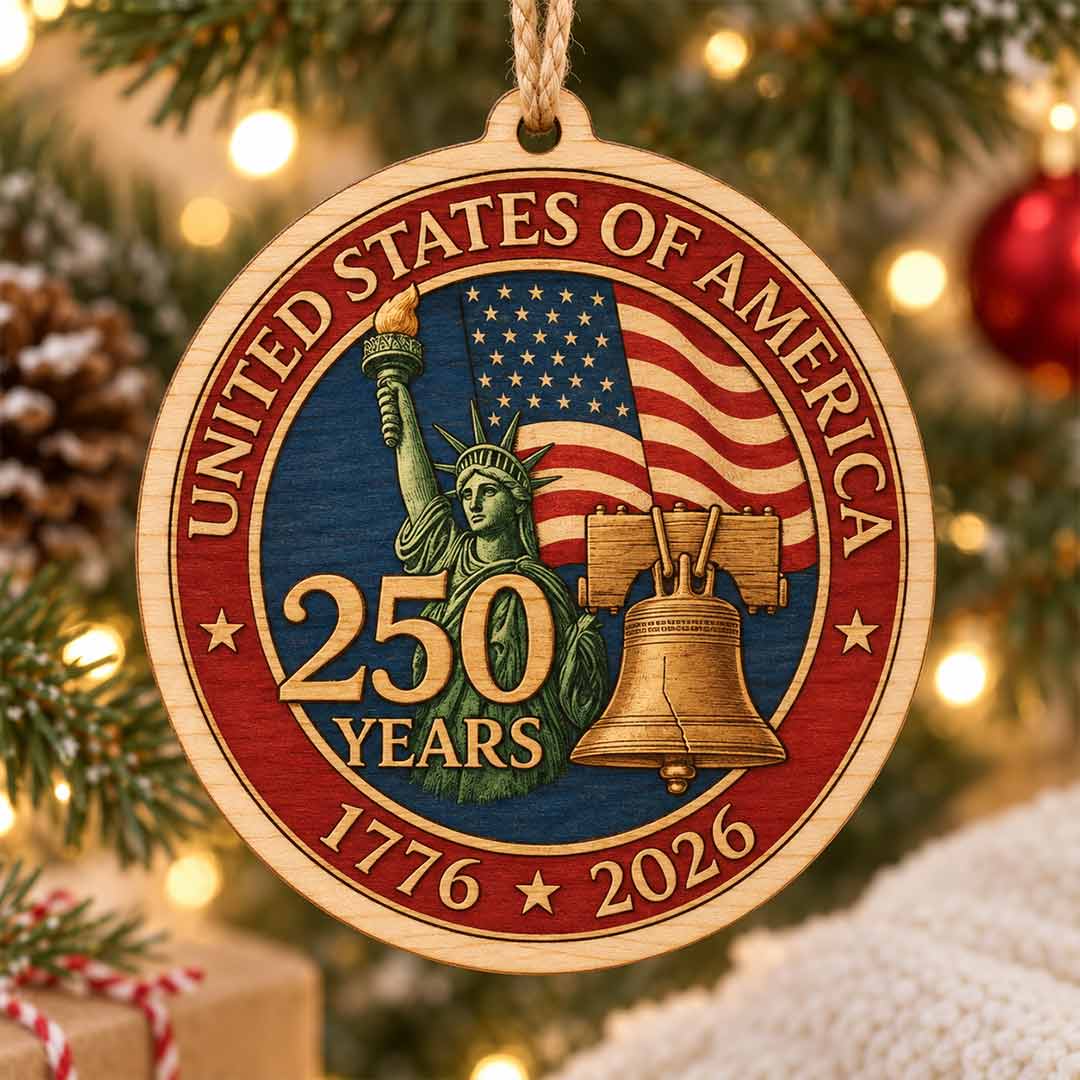 United States 250 Years Statue of Liberty and Liberty Bell 1776-2026 Patriotic Gift 1-Layer Wooden Christmas Ornament