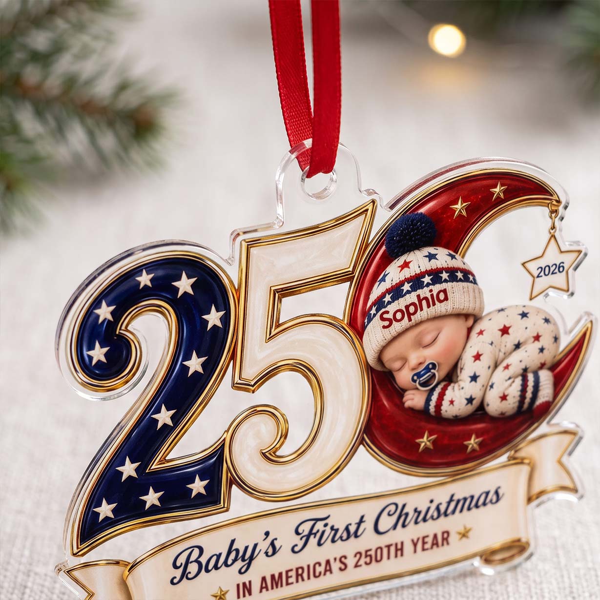 250 Moon Sleeping Baby America's 250th Year Custom Name Baby's First Christmas Acrylic Christmas Ornament Patriotic