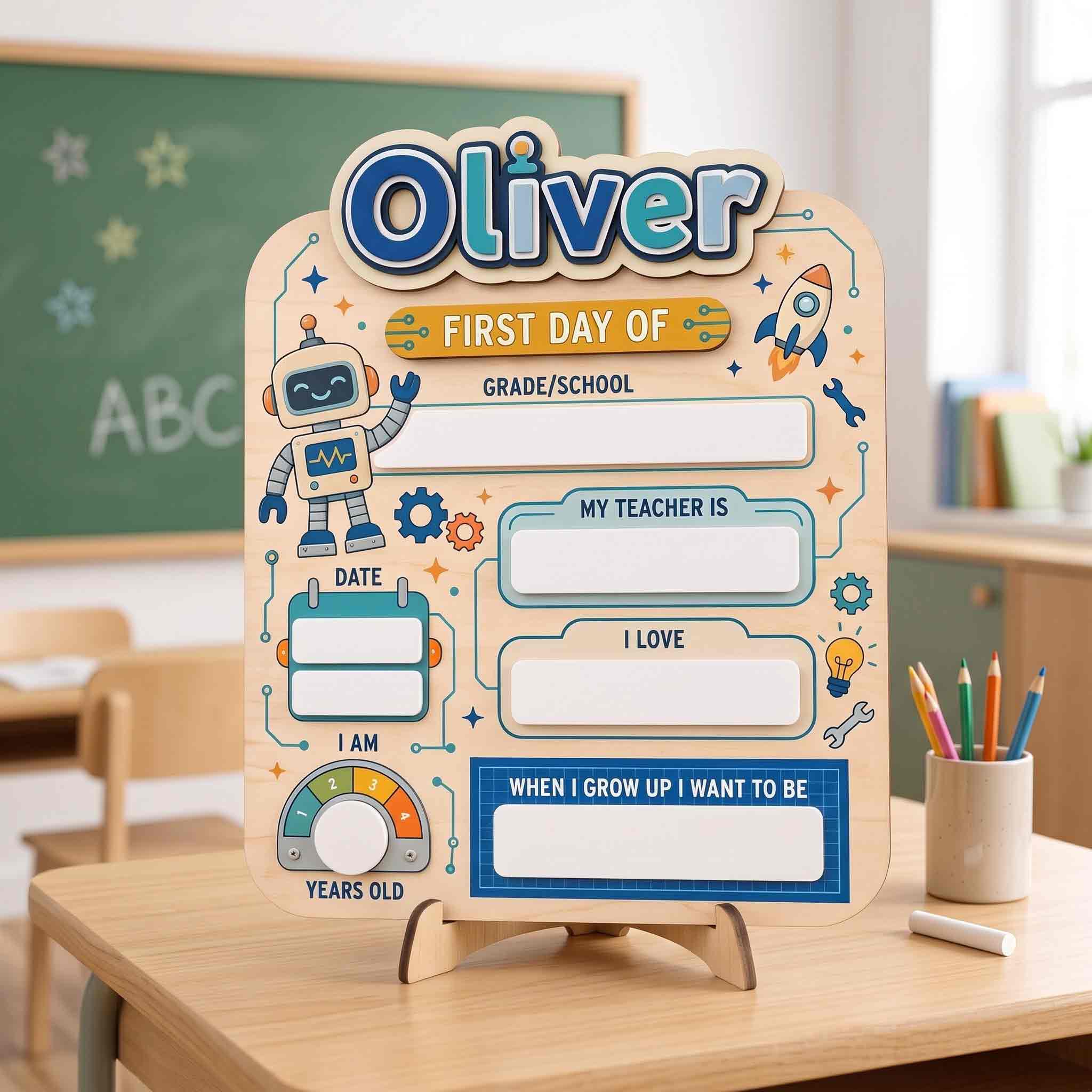 Personalized Robot Rocket Theme First & Last Day School Sign, Reusable Dry Erase Board, Back to School Sign