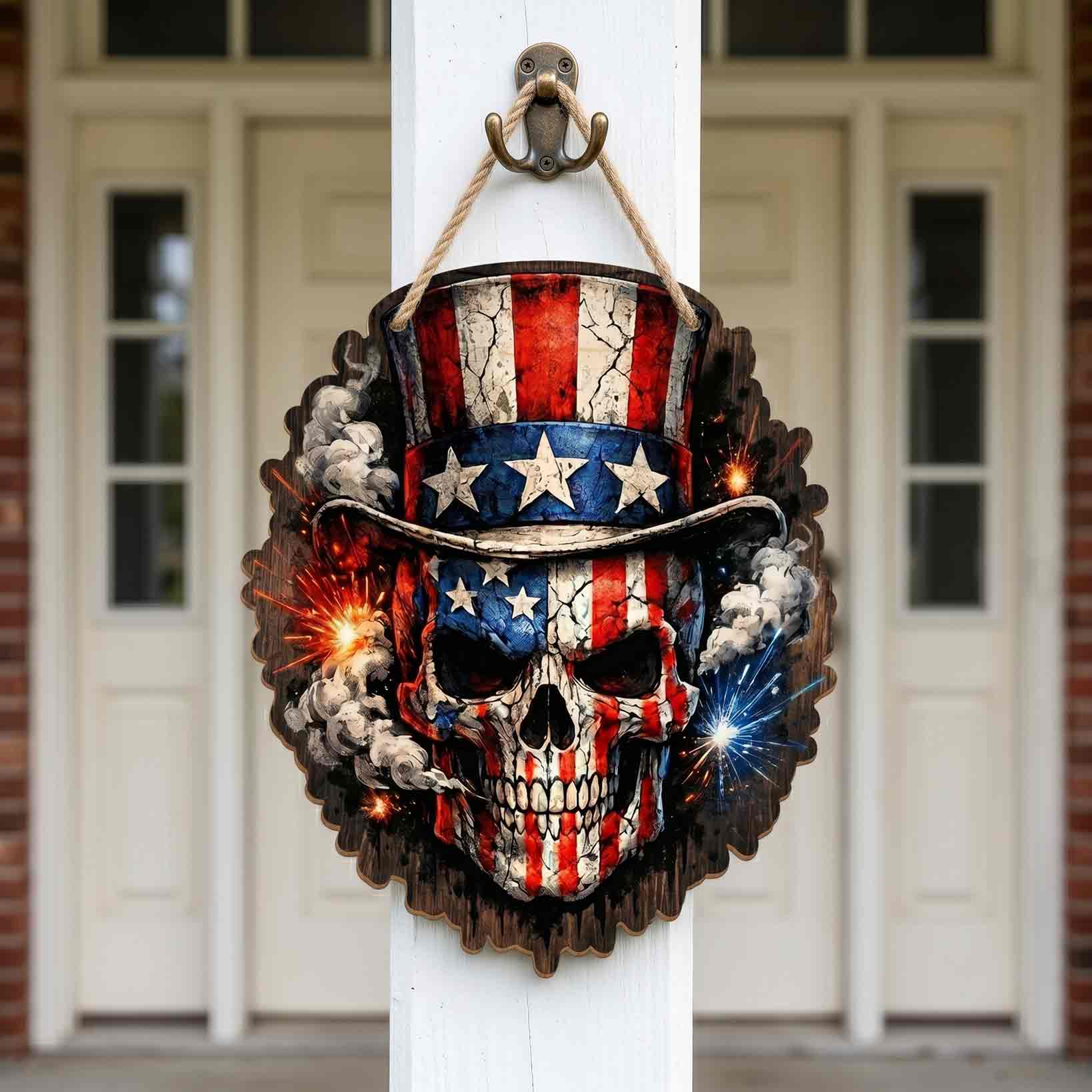 America 250 Independence Day Skull Patriotic Decor Wooden Sign