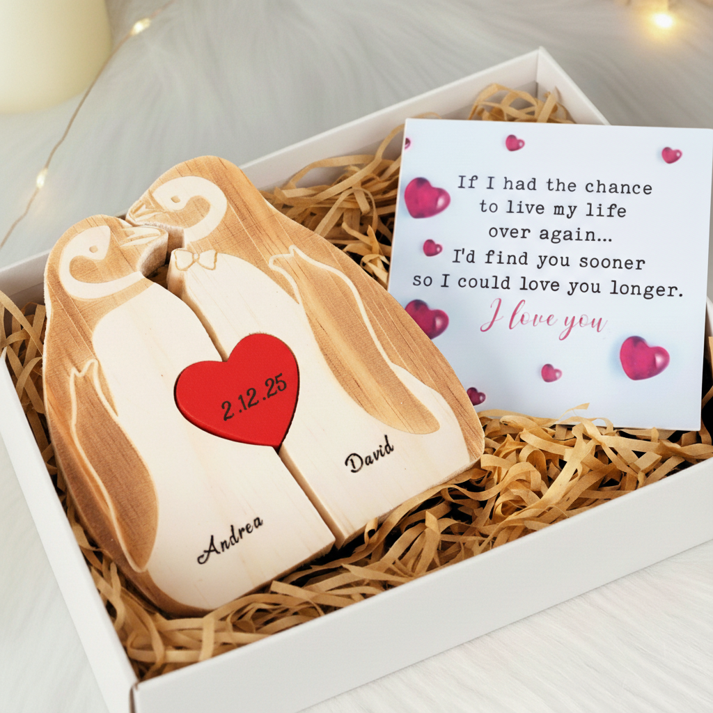 Personalized Penguin Couple Edition Custom Wooden Puzzle