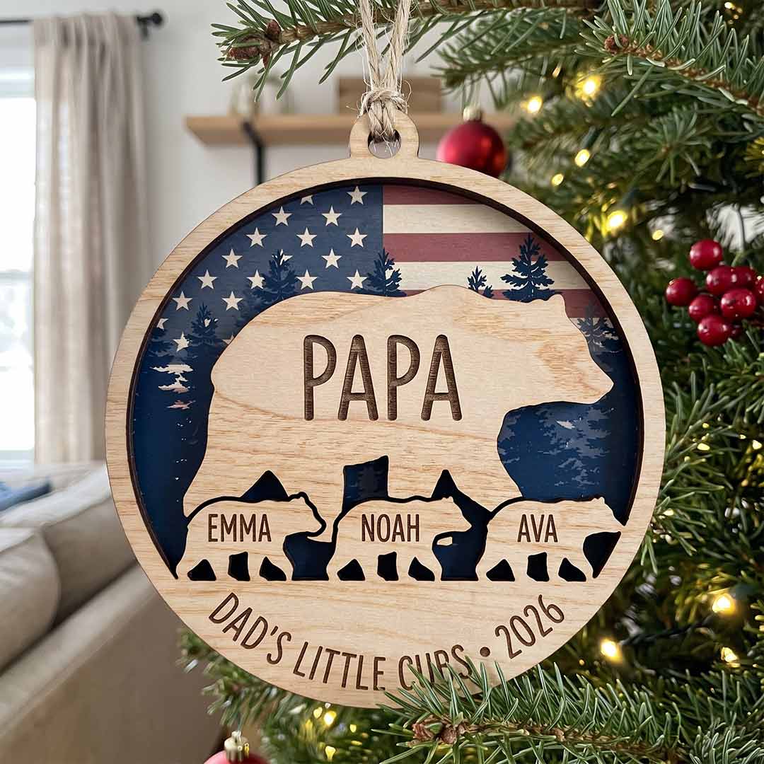 Papa Bear and Cubs Personalized Custom Name Family 2-Layer Wooden Christmas Ornament Christmas Gift for Dad