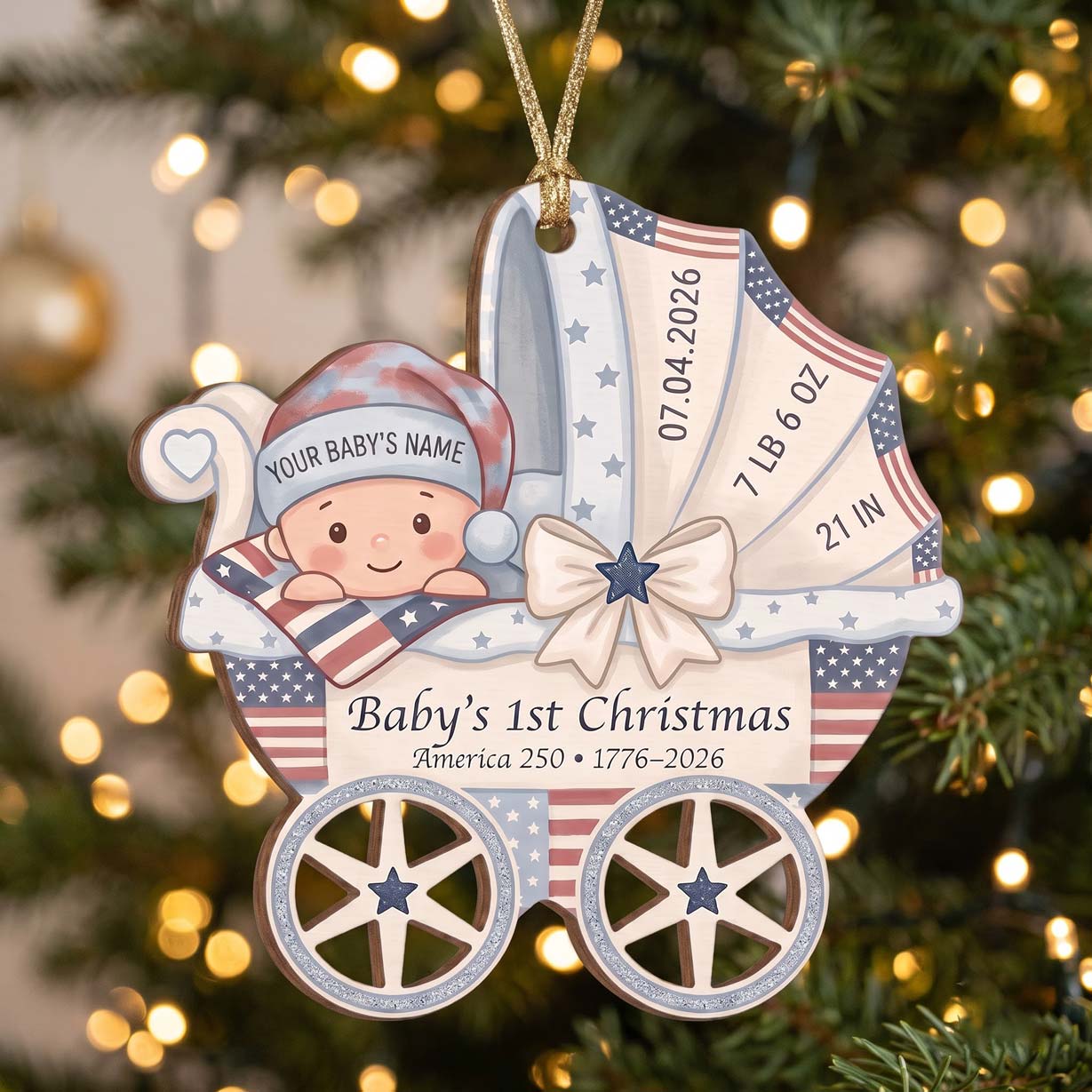 Baby's 1st Christmas America's 250th Year Baby Carriage Custom Name Date Weight Length Baby's First Christmas Wooden Ornament