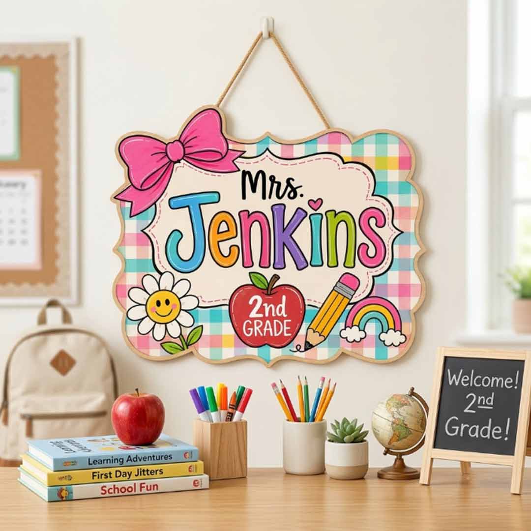 Personalized Teacher Name Wooden Sign Door Hanger Playful Welcome Classroom Sign Wooden Classroom Decor, Back to School Sign