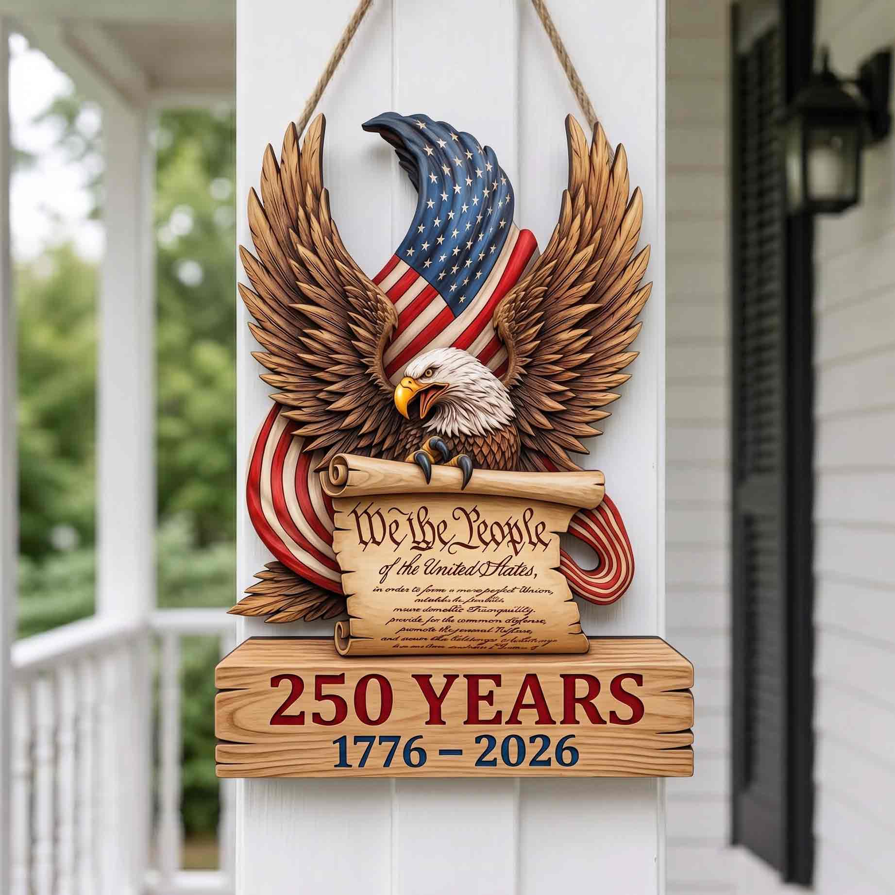 America 250 Wooden Sign Featuring We The People and Bald Eagle Design