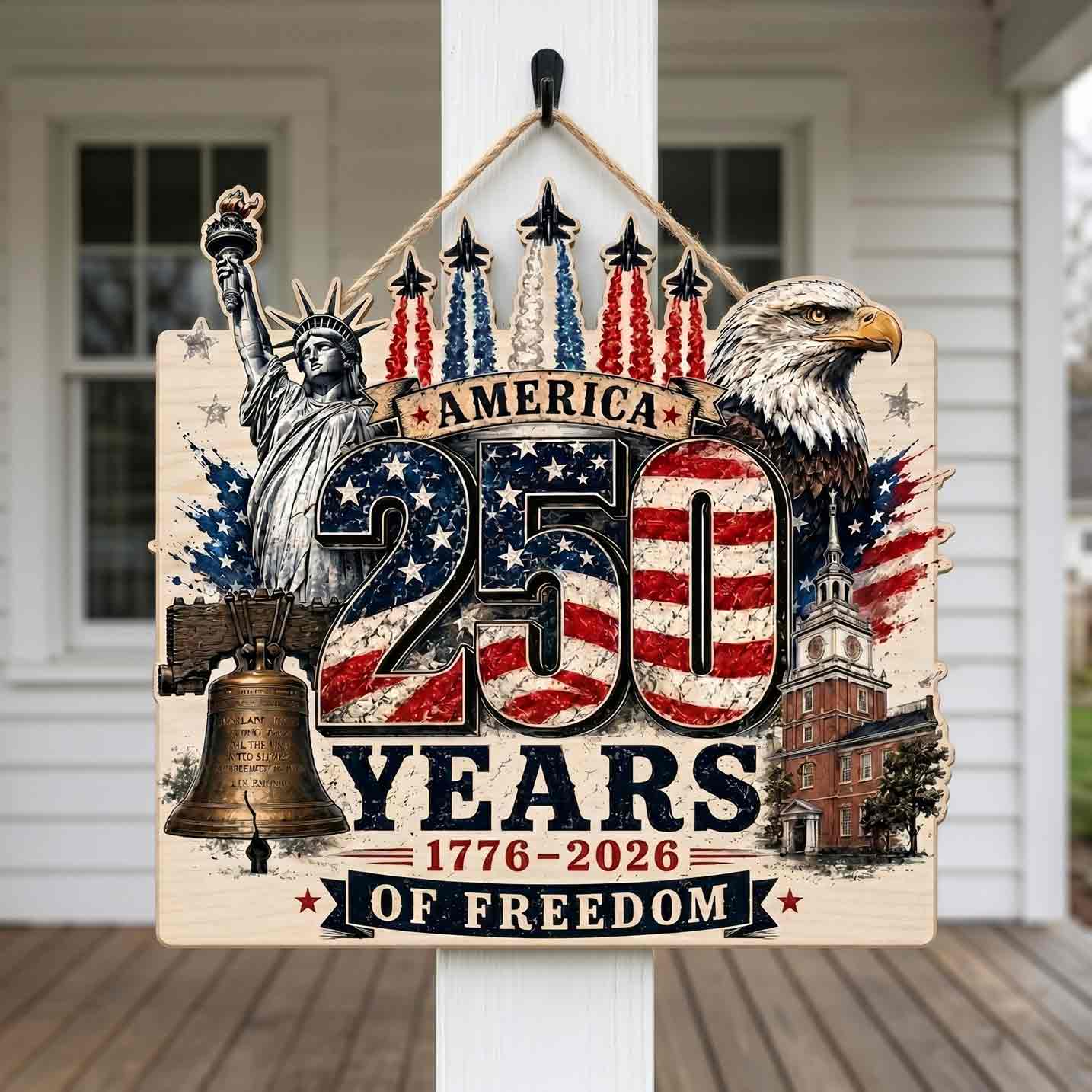 America 250 Years of Freedom 1776-2026 Statue of Liberty Bald Eagle Liberty Bell Patriotic Wooden Sign