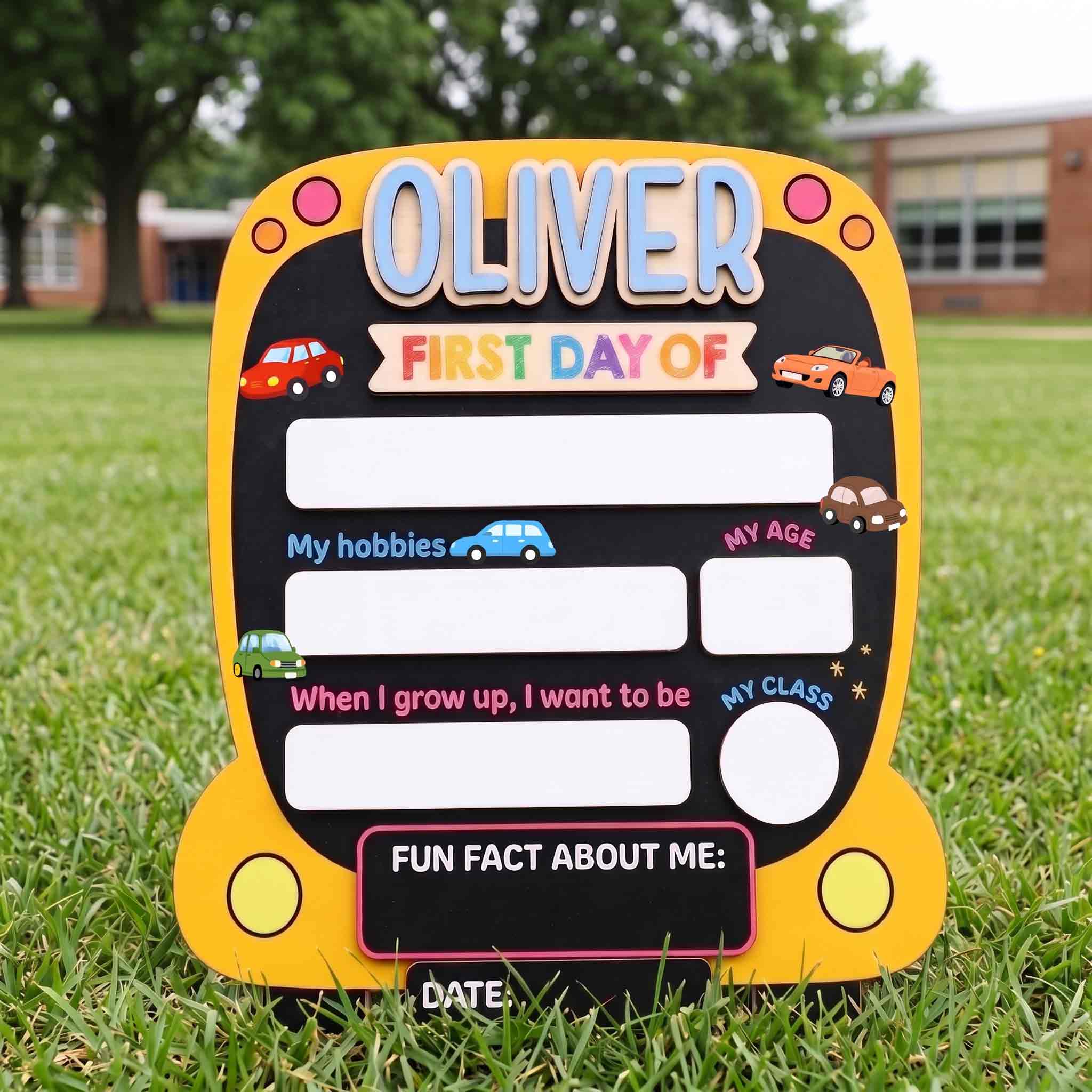 Personalized Car First Day School Board, Reusable Dry Erase Board, Back to School Sign