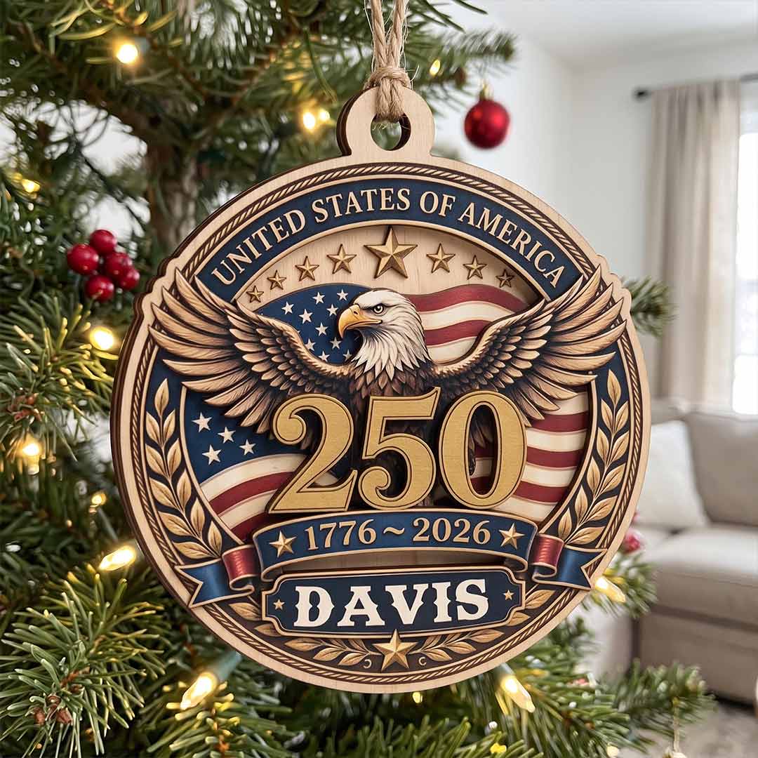 Freedom 250 America's 250th Patriotic Heritage American Pride Personalized Custom Name Patriotic Keepsake 1-Layer Wooden Christmas Ornament for Patriots Gift