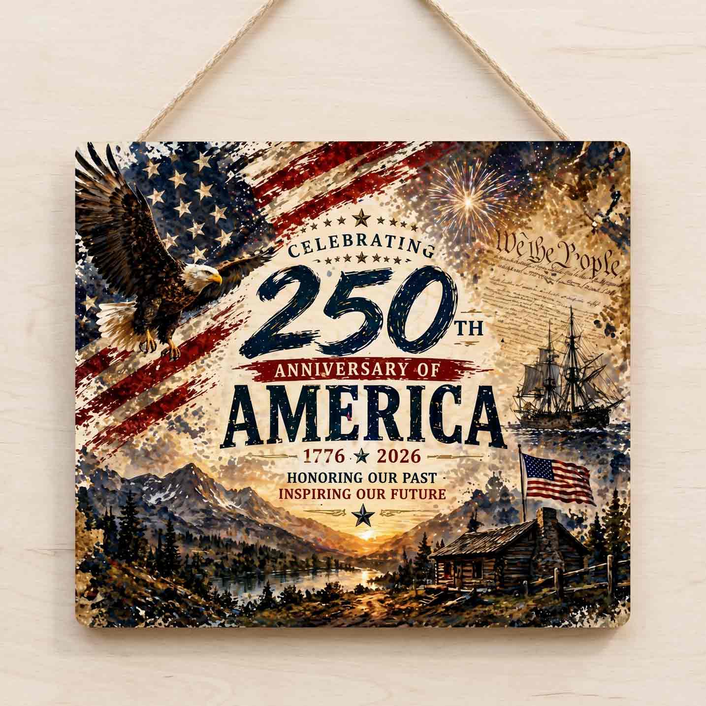 Celebrating America 250th Anniversary 1776–2026 Eagle Flag Historical Heritage Decor Wooden Sign