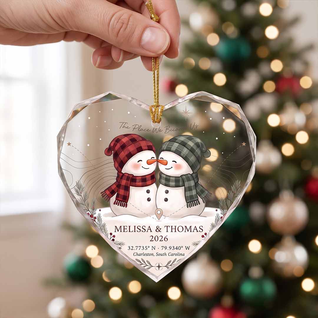 The Place We Became Us Snowman Couple Personalized Couple Custom Name Date Coordinates Address Gift Heart Glass Christmas Ornament