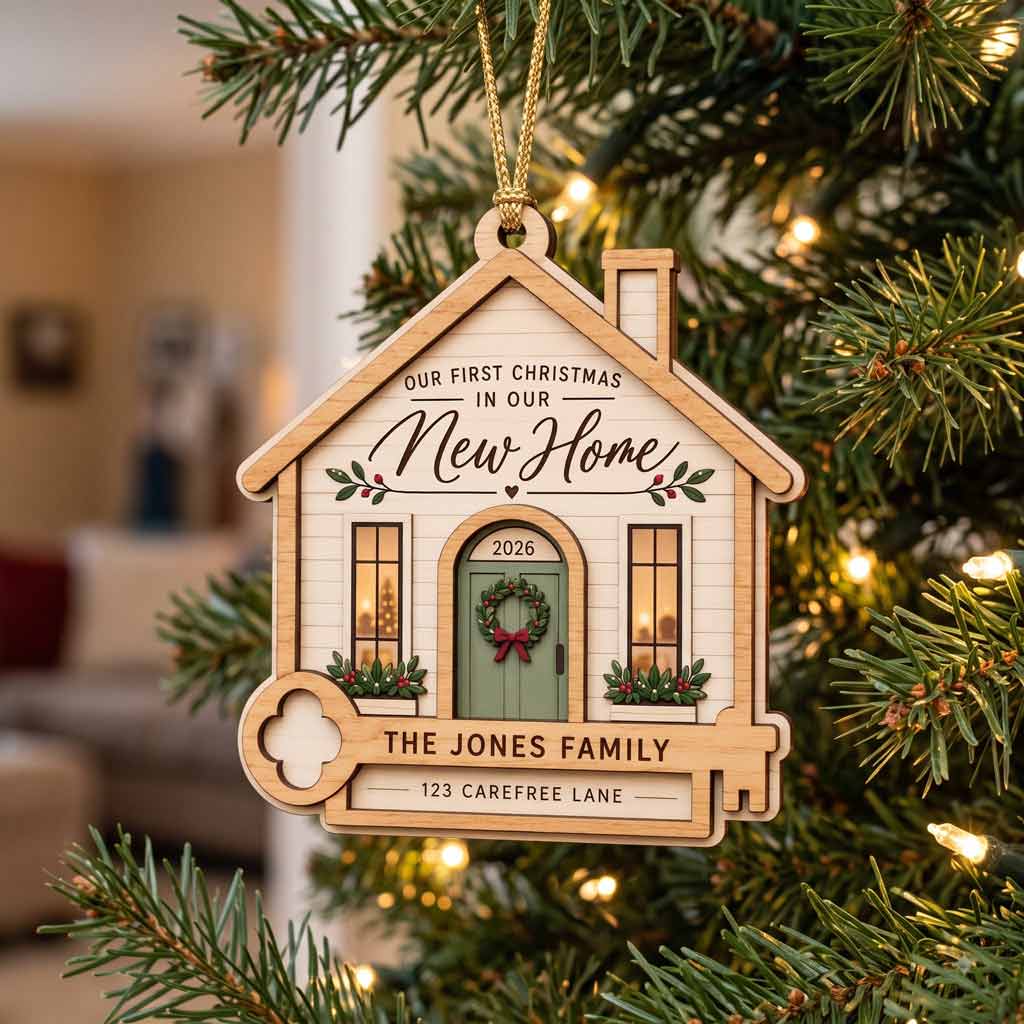 First Christmas In Our New Home 2026 House With Key Custom Name & Address New Home Wooden Christmas Ornament