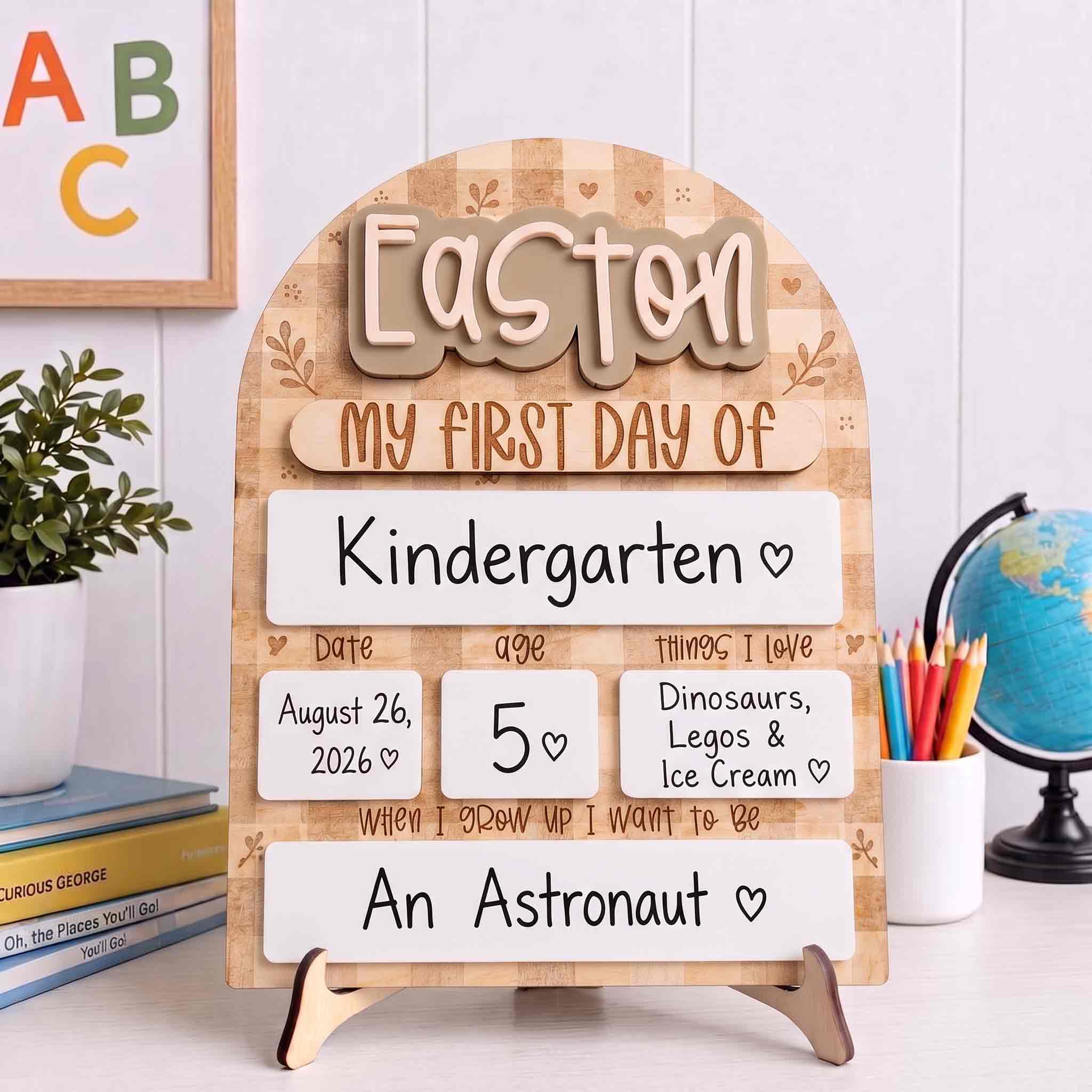 Personalized Beige Gingham First & Last Day School Sign, Reusable Dry Erase Board, Back to School Sign