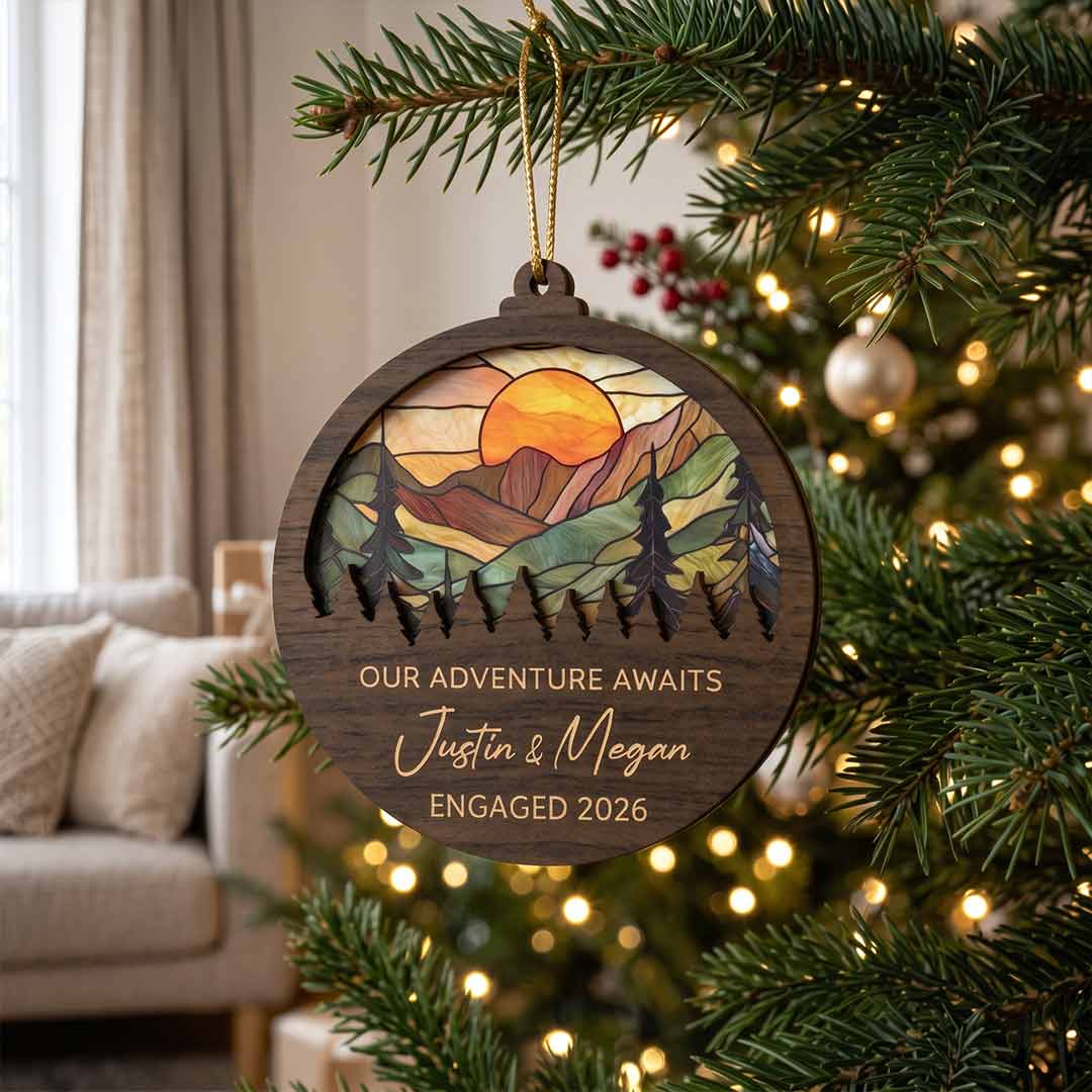 Engagement Mountain Sunset Personalized Custom Name Date Engagement 2-Layer Wooden Christmas Ornament Engagement Keepsake for Newly Engaged Couple