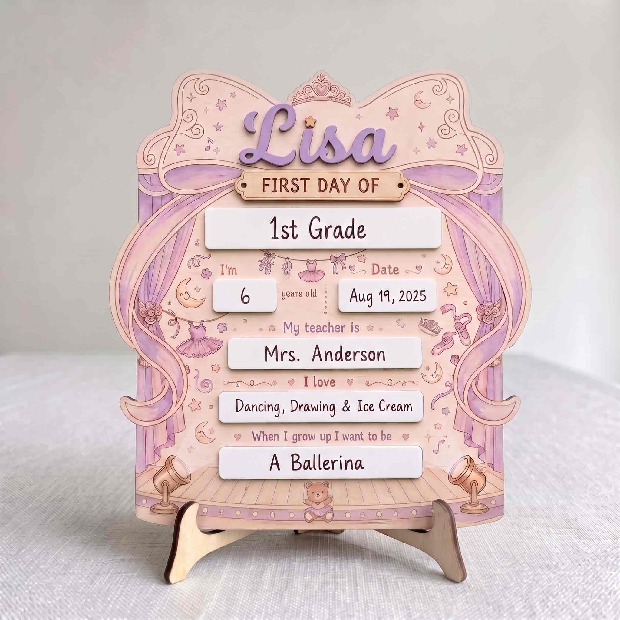 Personalized Princess Bow First Day School Board, Reusable Dry Erase Board, Back to School Sign