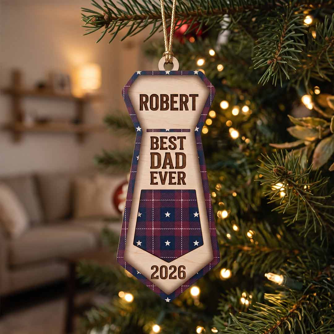 Best Dad Ever Necktie Father Keepsake Personalized Custom Name Family 1-Layer Wooden Christmas Ornament for Dad Gift