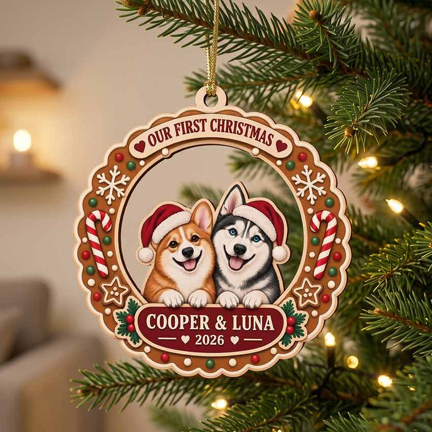 Multi Pet Christmas Wreath Personalized Dog Cat Breeds Custom Name Wooden Ornament
