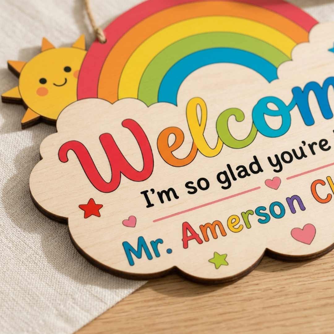 Personalized Teacher Name Wooden Sign Door Hanger I'm So Glad You're Here Wooden Classroom Decor, Back to School Sign