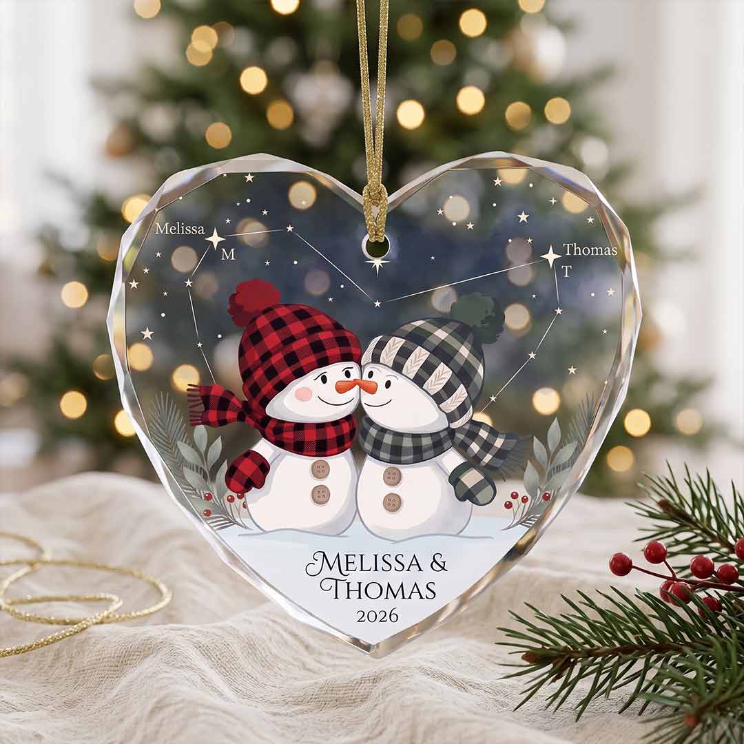 Starry Constellation Snowman Couple Personalized Couple Custom Name Date Christmas Gift Heart Glass Christmas Ornament