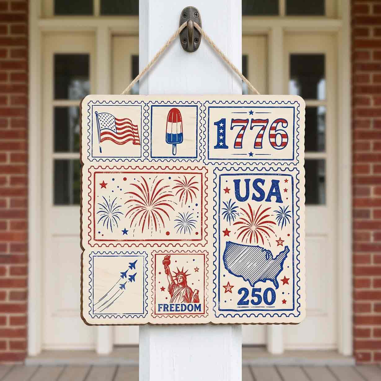 USA 250 Retro Stamp Style Wooden Sign 1776-2026