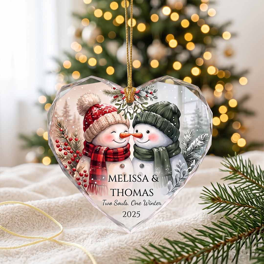 Two Souls One Winter Snowman Couple Personalized Couple Custom Name Date Christmas Gift Heart Glass Christmas Ornament