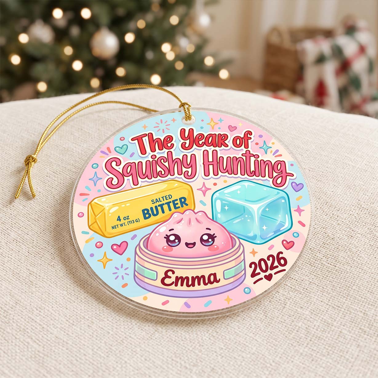 Pastel Squishy Hunting Butter Ice Cube Custom Name Date Acrylic Christmas Ornament Squishy