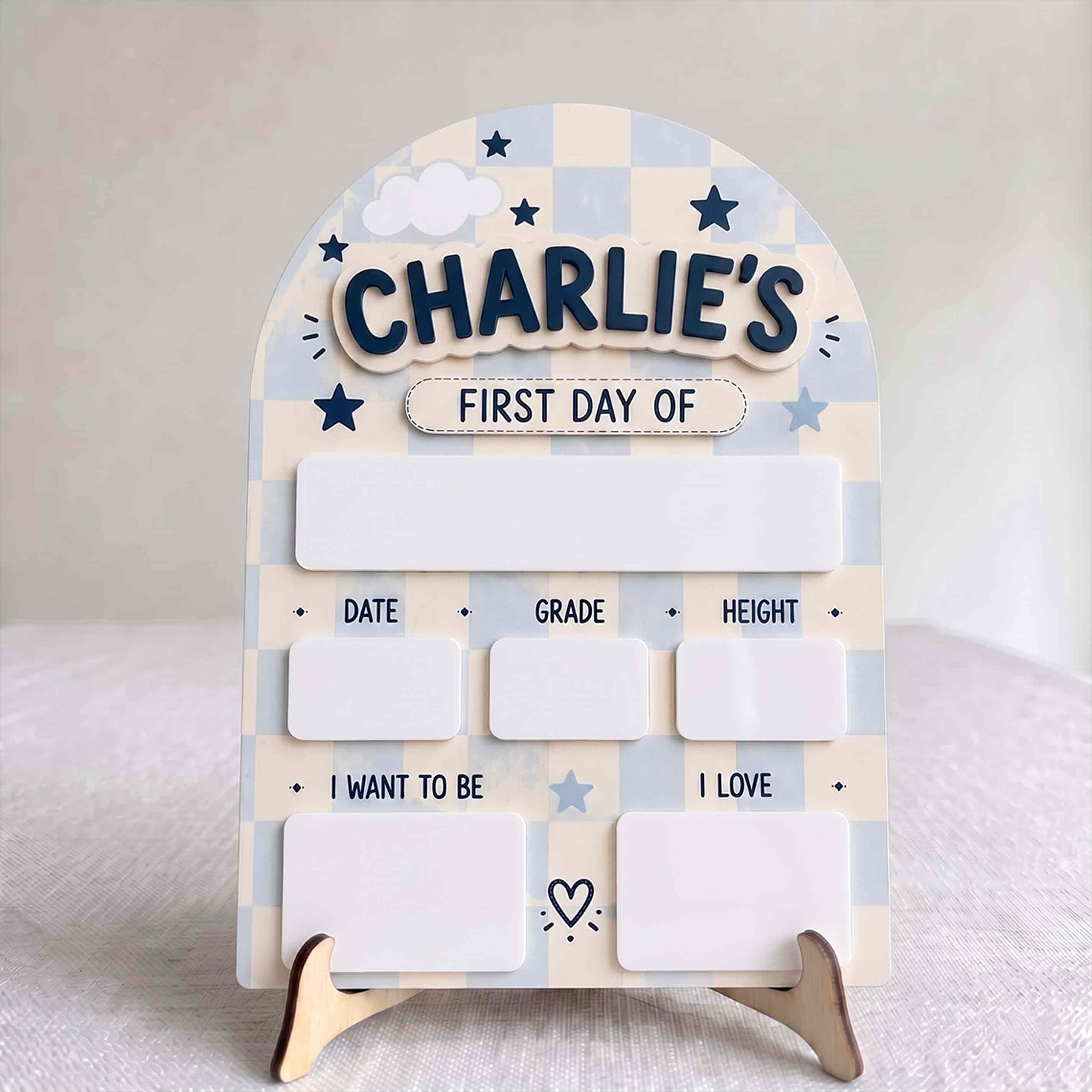 Personalized Pastel Blue Gingham First & Last Day School Sign, Reusable Dry Erase Board, Back to School Sign