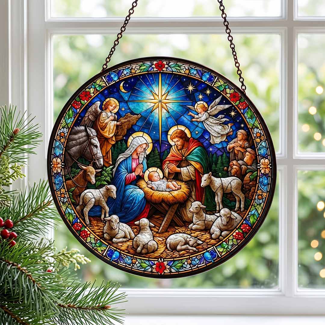 Nativity Scene Holy Family Birth of Jesus Nativity Stained Glass Suncatcher Christmas Ornament