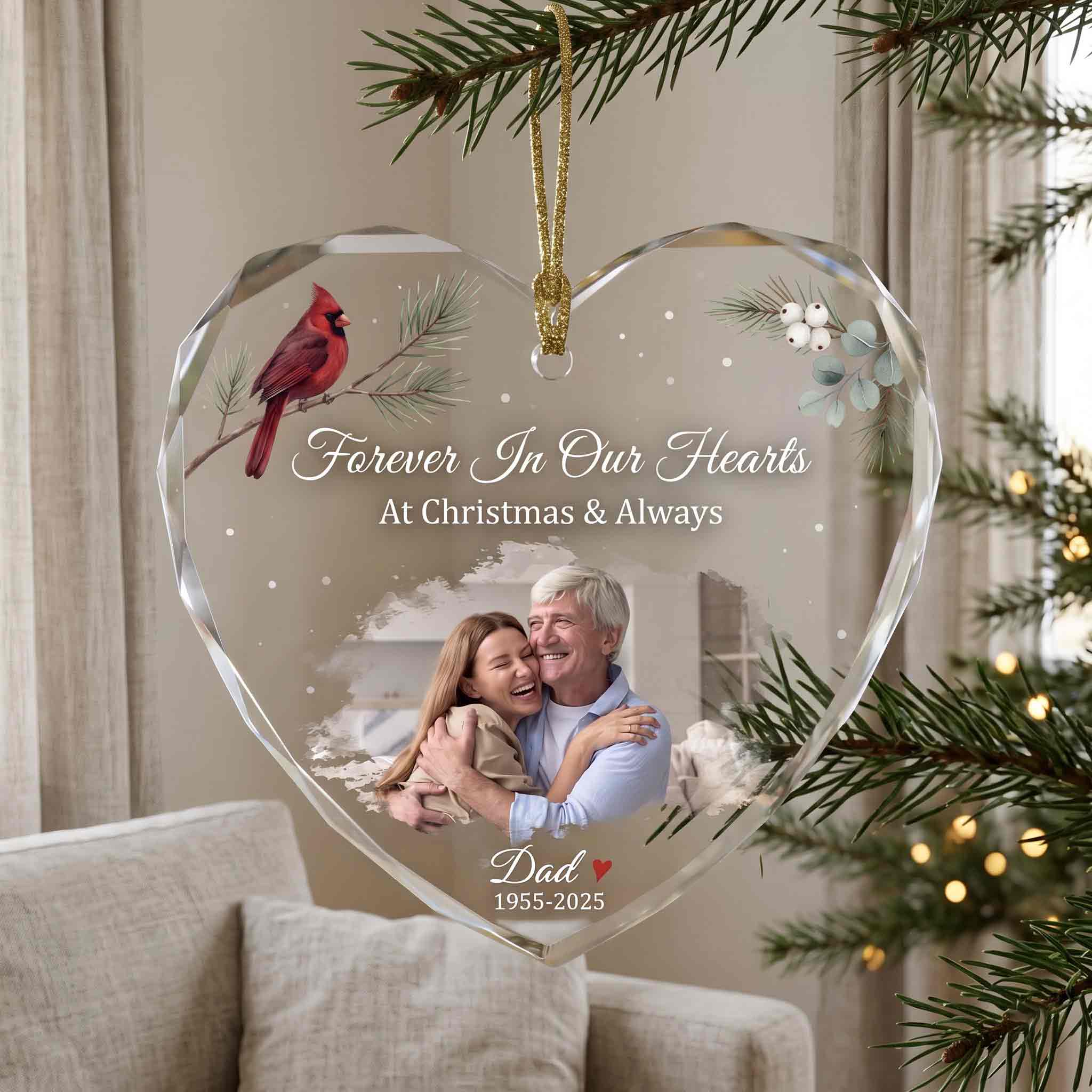 Memorial Dad Cardinal Winter Sprig Personalized Memorial Custom Name Date Photo In Loving Memory Gift Heart Glass Christmas Ornament