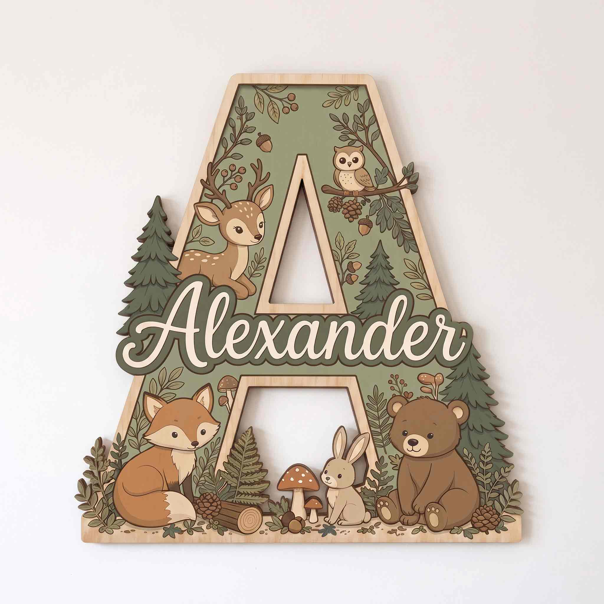 Personalized Woodland Animals Nursery Name Sign Wooden Baby Room Decor