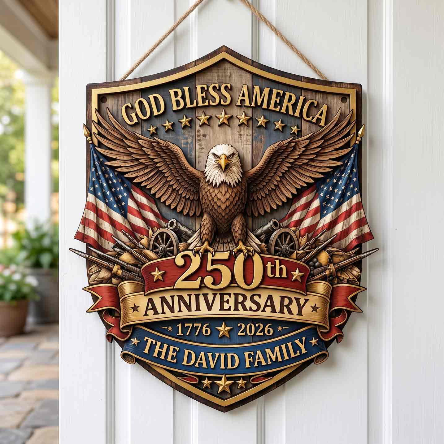 Personalized America 250th Anniversary Wooden Sign Patriotic Family Name Decor