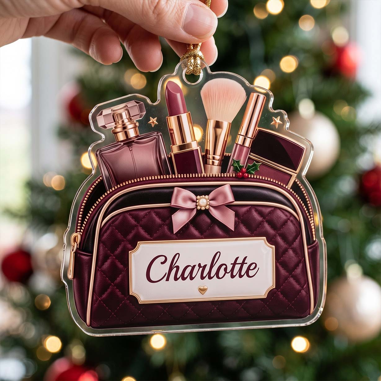 Makeup Burgundy Cosmetic Bag Lipstick Brush Custom Name Acrylic Christmas Ornament Makeup Lover