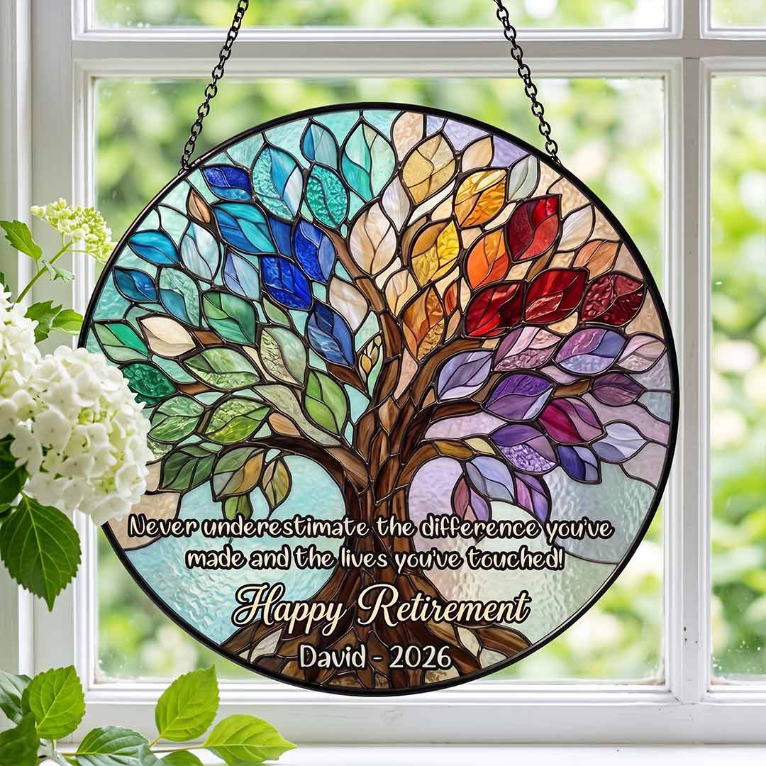 Retirement Tree of Life Personalized Custom Name Date Difference Maker Retirement Keepsake Stained Glass Suncatcher Ornament for Retirement Gift
