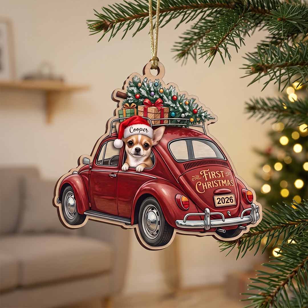 Personalized Pet First Christmas Vintage Car Custom Name Date Dog Photo Dog Lover Gift Wooden Christmas Ornament
