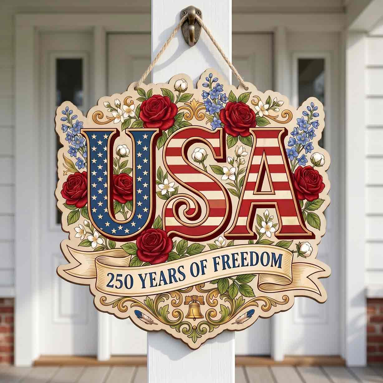 USA 250 Years of Freedom Floral Wooden Sign