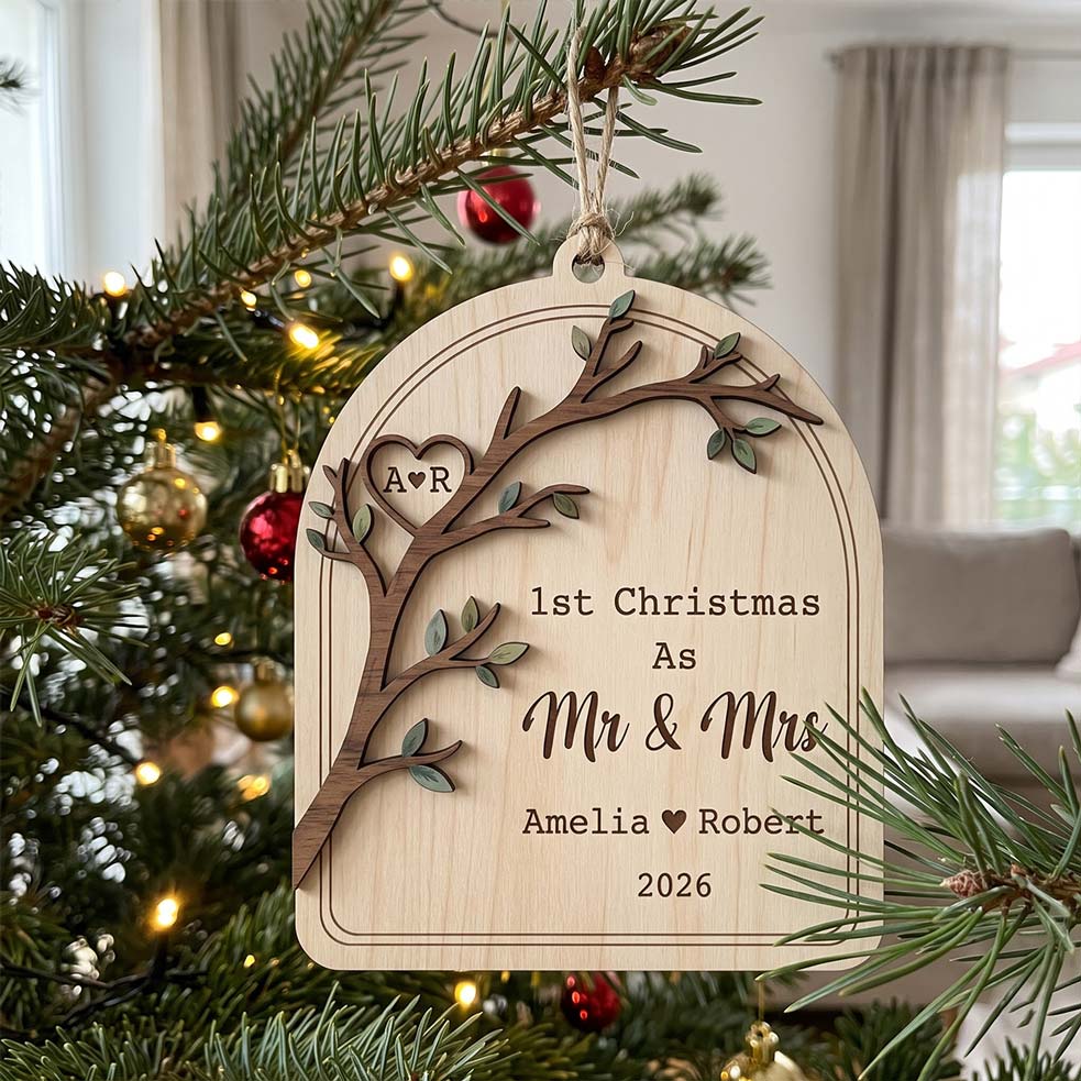 First Christmas Mr and Mrs Tree Branch Custom Names Date First Married Christmas Wooden Ornament