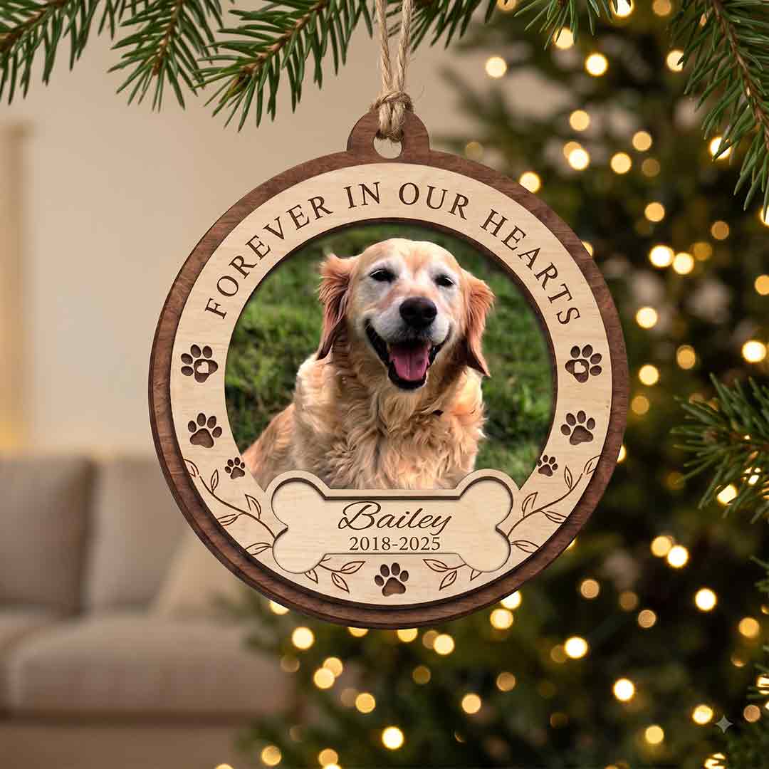 Forever In Our Hearts Memorial Personalized Custom Name Date Photo Dog 2-Layer Wooden Christmas Ornament for Pet Loss Remembrance Gift