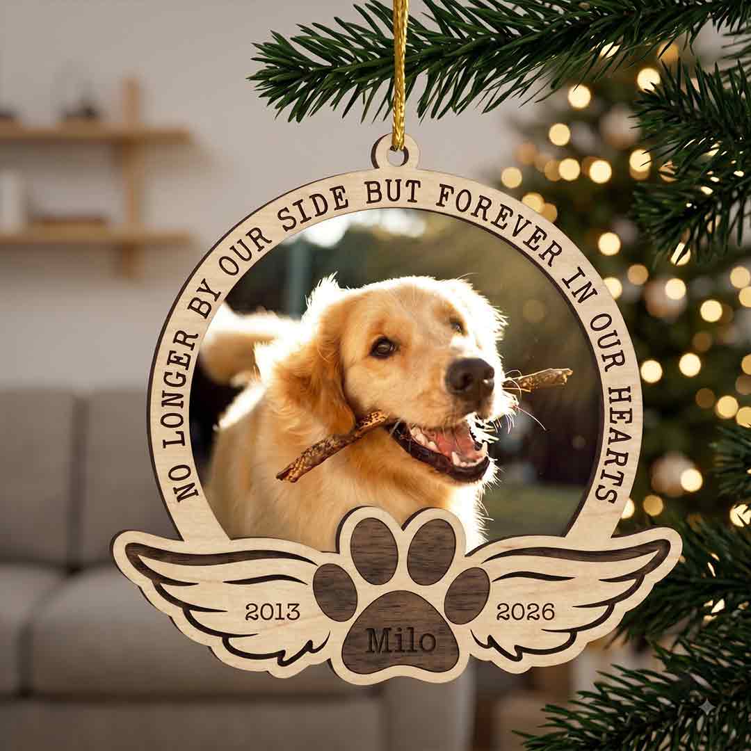Pet Memorial Angel Wings Paw Custom Name Date Photo Dog 2-Layer Wooden Ornament