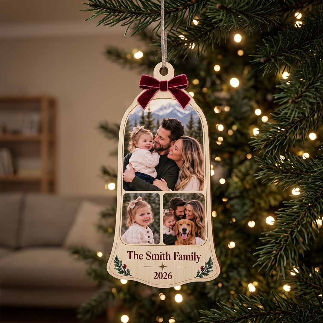 Family Christmas Photo Collage Holiday Keepsake Personalized Custom Name Date Photo Family 1-Layer Wooden Christmas Ornament for Family Members Gift