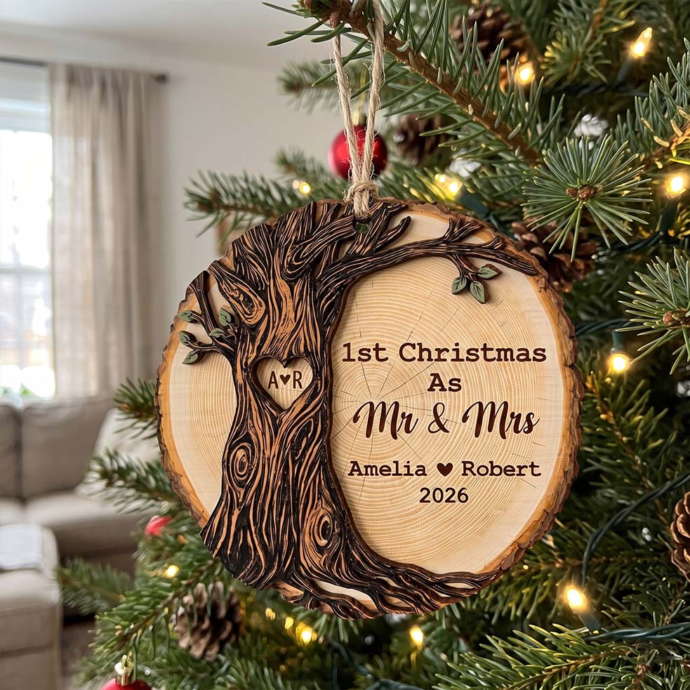 First Christmas Mr and Mrs Tree of Love Custom Names Date First Married Christmas Wooden Ornament