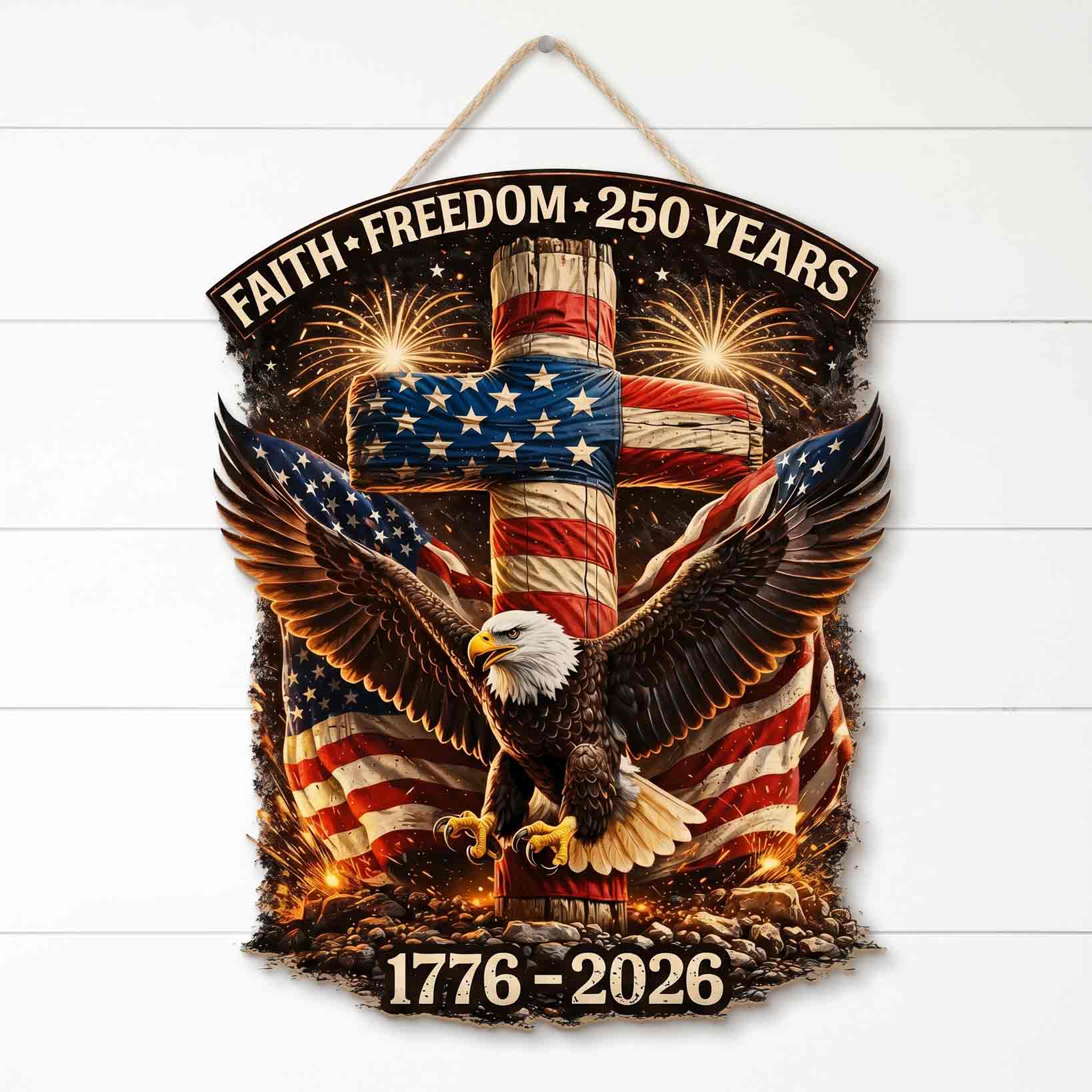 250 Years Of Faith And Freedom Patriotic Christian Decor Wooden Sign