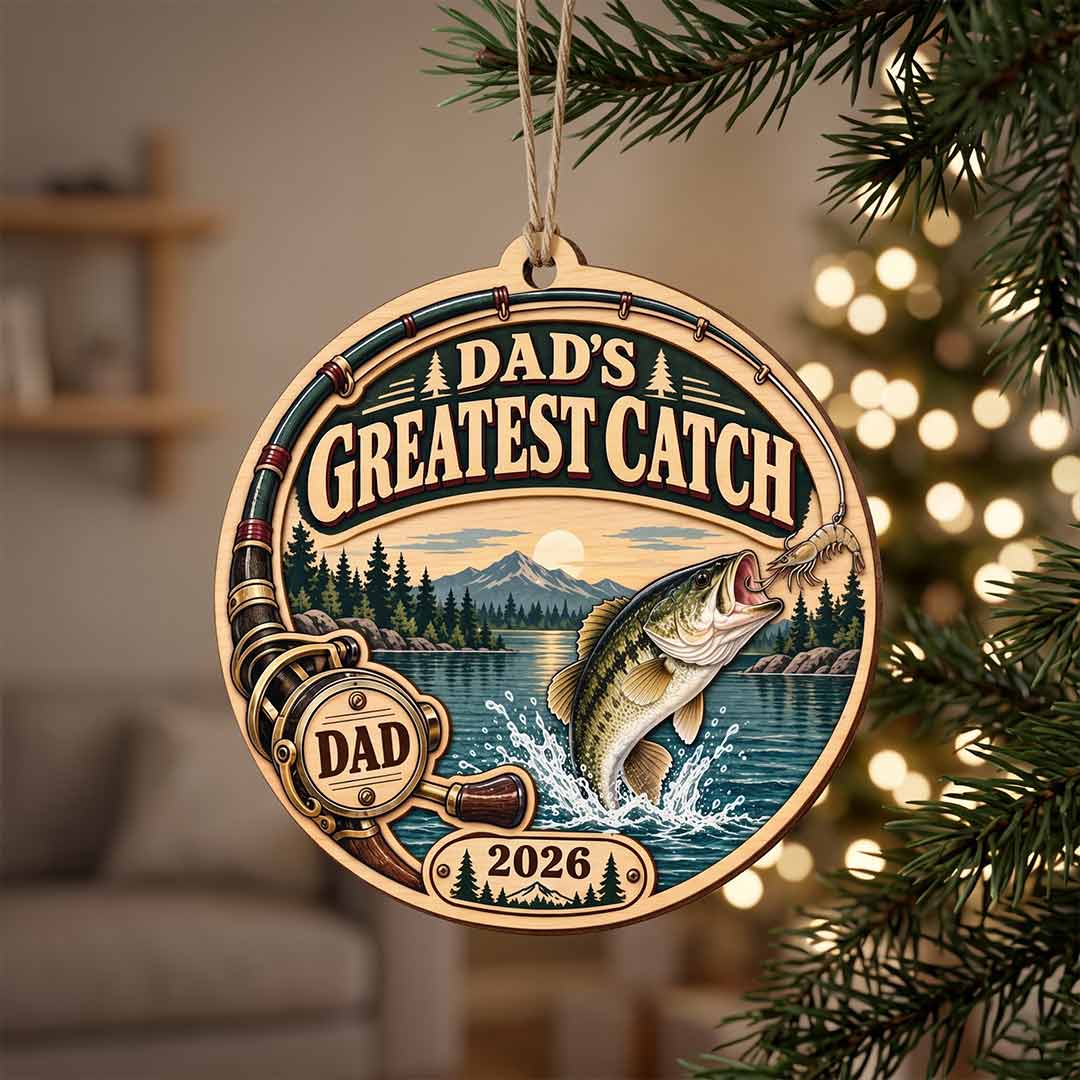 Fishing Dad Greatest Catch Father Fisherman Keepsake Fishing 1-Layer Wooden Christmas Ornament for Dad Gift