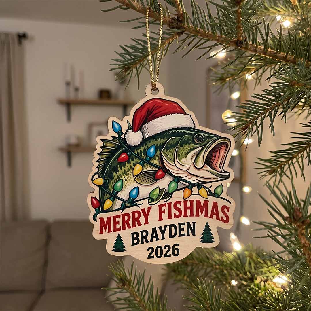 Merry Fishmas Christmas Lights Fisherman Holiday Keepsake Personalized Custom Name Date Fishing 1-Layer Wooden Christmas Ornament for Fishing Lovers