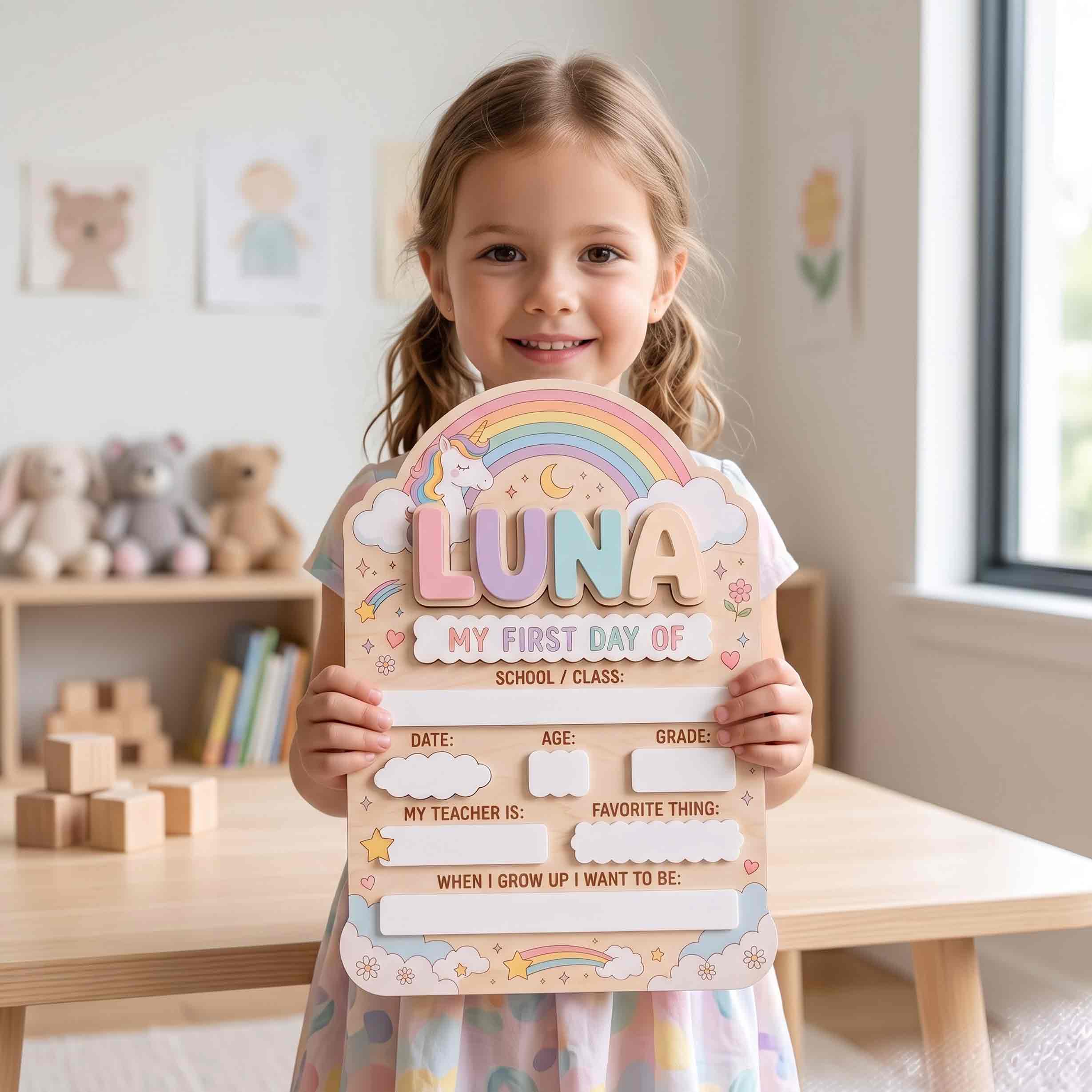 Personalized Unicorn Rainbow Theme First & Last Day School Sign, Reusable Dry Erase Board, Back to School Sign