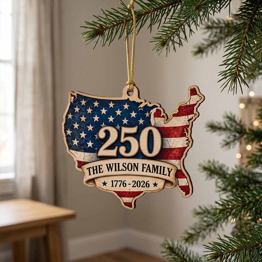 America's 250th USA Map Patriotic Keepsake Personalized Custom Name Patriotic 1-Layer Wooden Christmas Ornament for American Families