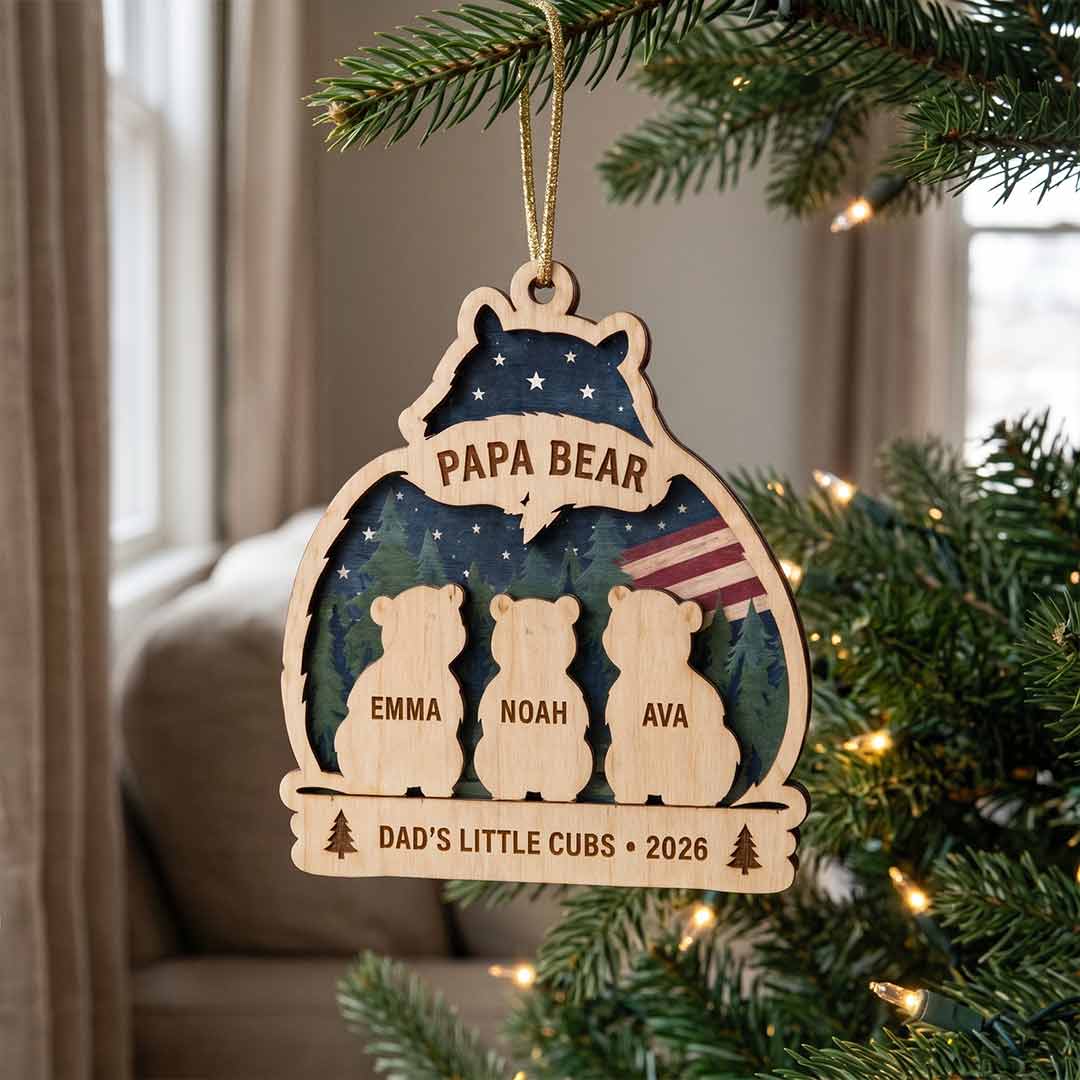 Papa Bear Little Cubs Personalized Custom Name Family 2-Layer Wooden Christmas Ornament Father and Kids Christmas Gift