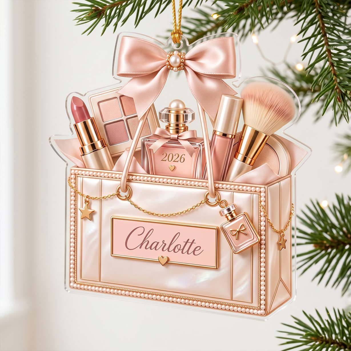 Pearl Makeup Tote Perfume Brush Custom Name Date Acrylic Christmas Ornament Beauty Artist Christmas Tree Decor Gift