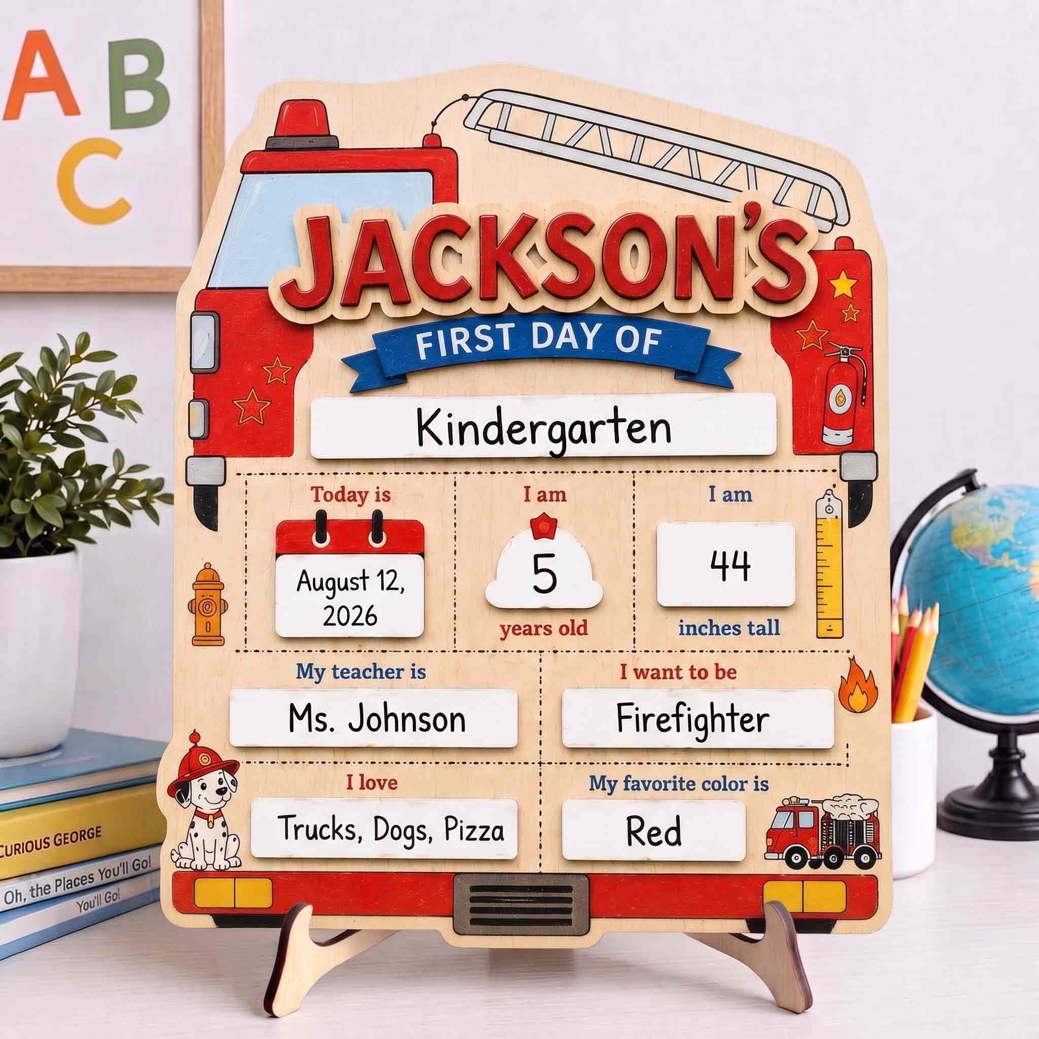 Personalized Firefighter Vehicle Theme First & Last Day School Sign, Reusable Dry Erase Board, Back to School Sign