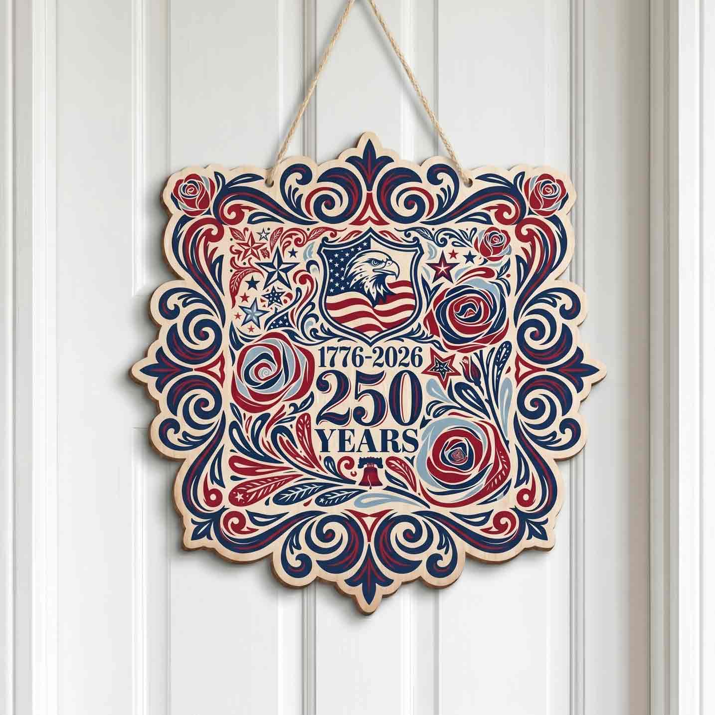 America 250th Anniversary Retro Floral USA Patriotic Wooden Sign
