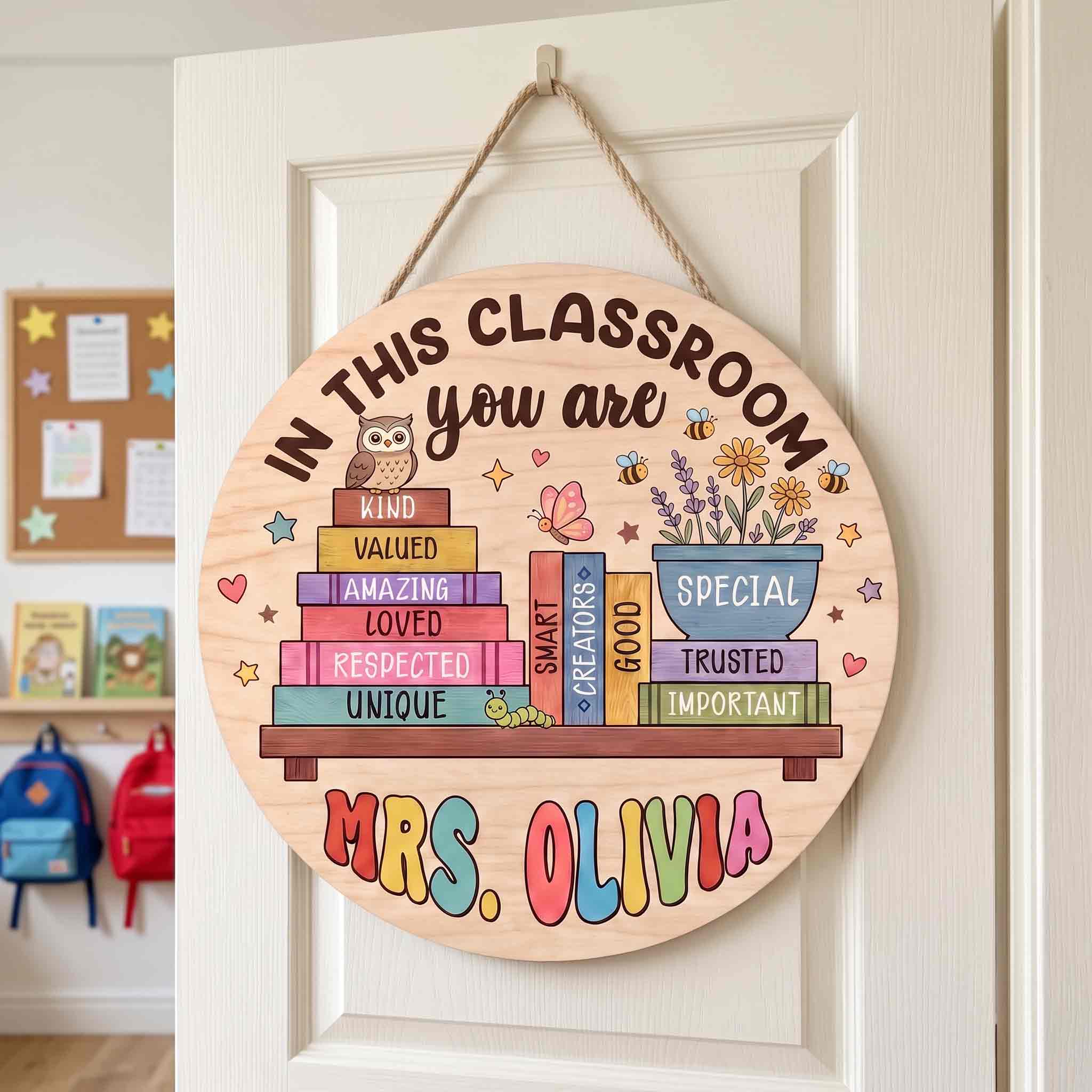 Personalized In This Classroom You Are Welcome Sign, Custom Teacher Classroom Door Decor with Inspirational Book Stack Wooden School Sign